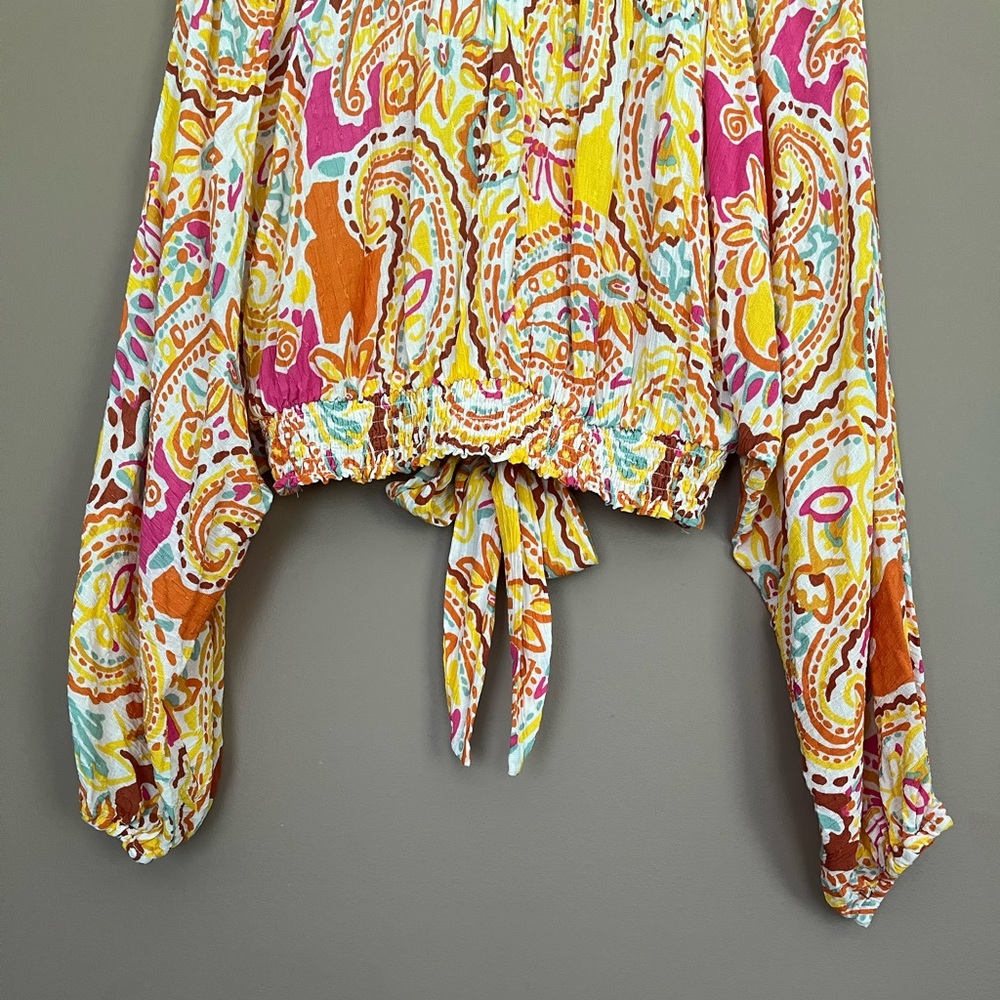 {Rachel Zoe} Long Dolman Sleeve Paisley Print Cropped Blouse - Womens Medium - Picture 7 of 9